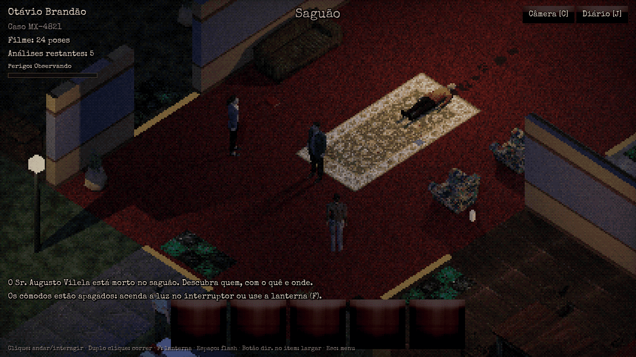 Dark entrance hall of a house with a body on the rug and suspects around it, in an isometric view with a PlayStation 1 filter.