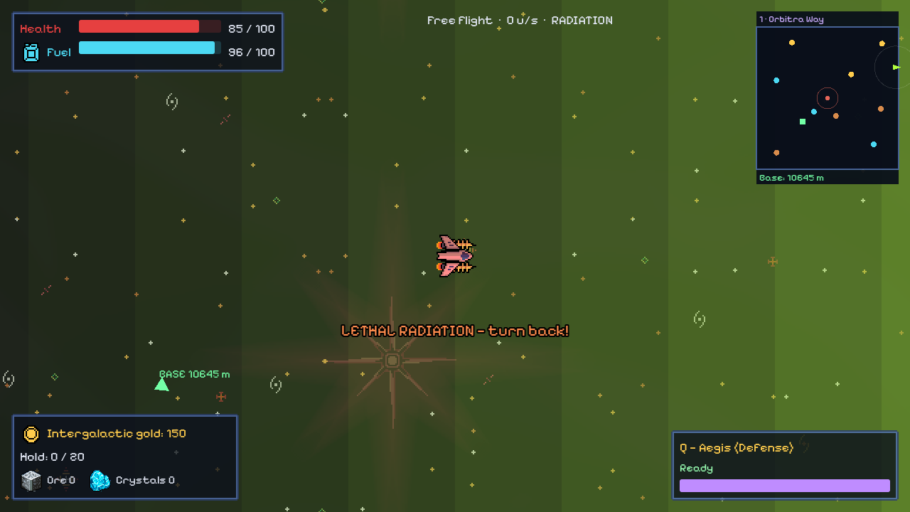 The ship in the radiation zone at the edge of the sector, with the lethal radiation warning on screen