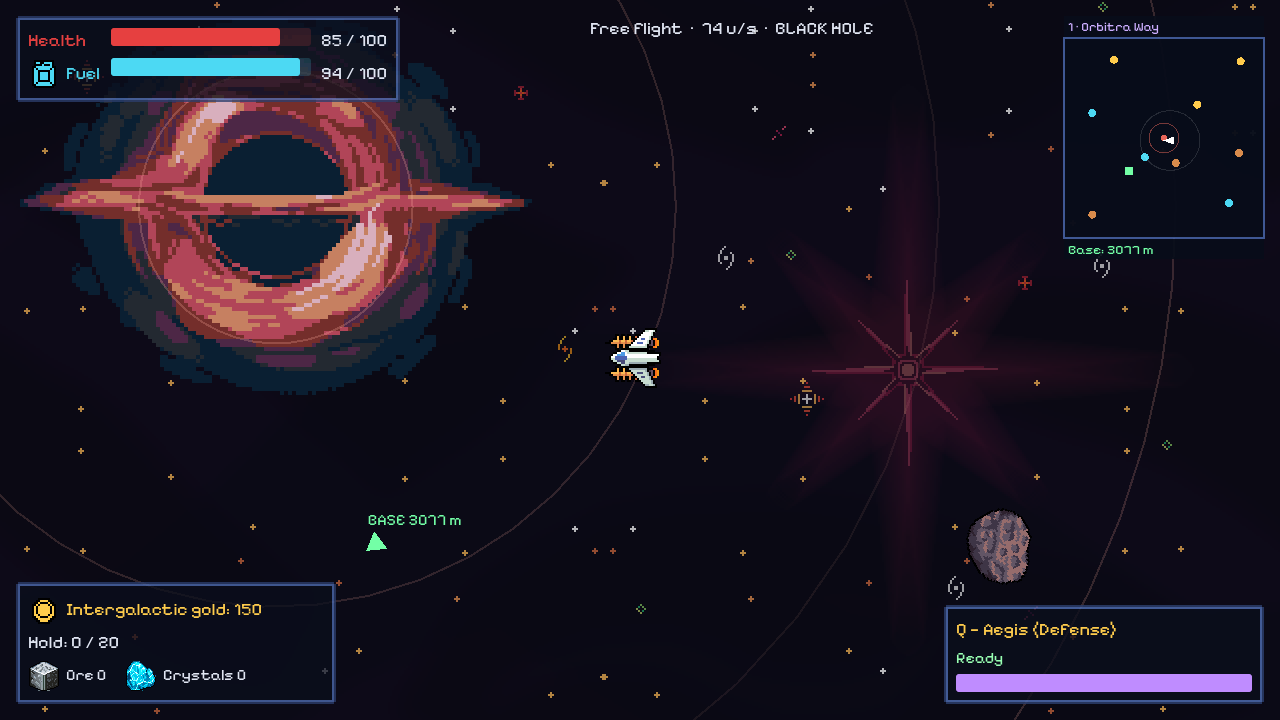 The ship close to the black hole, inside the area where it pulls you in