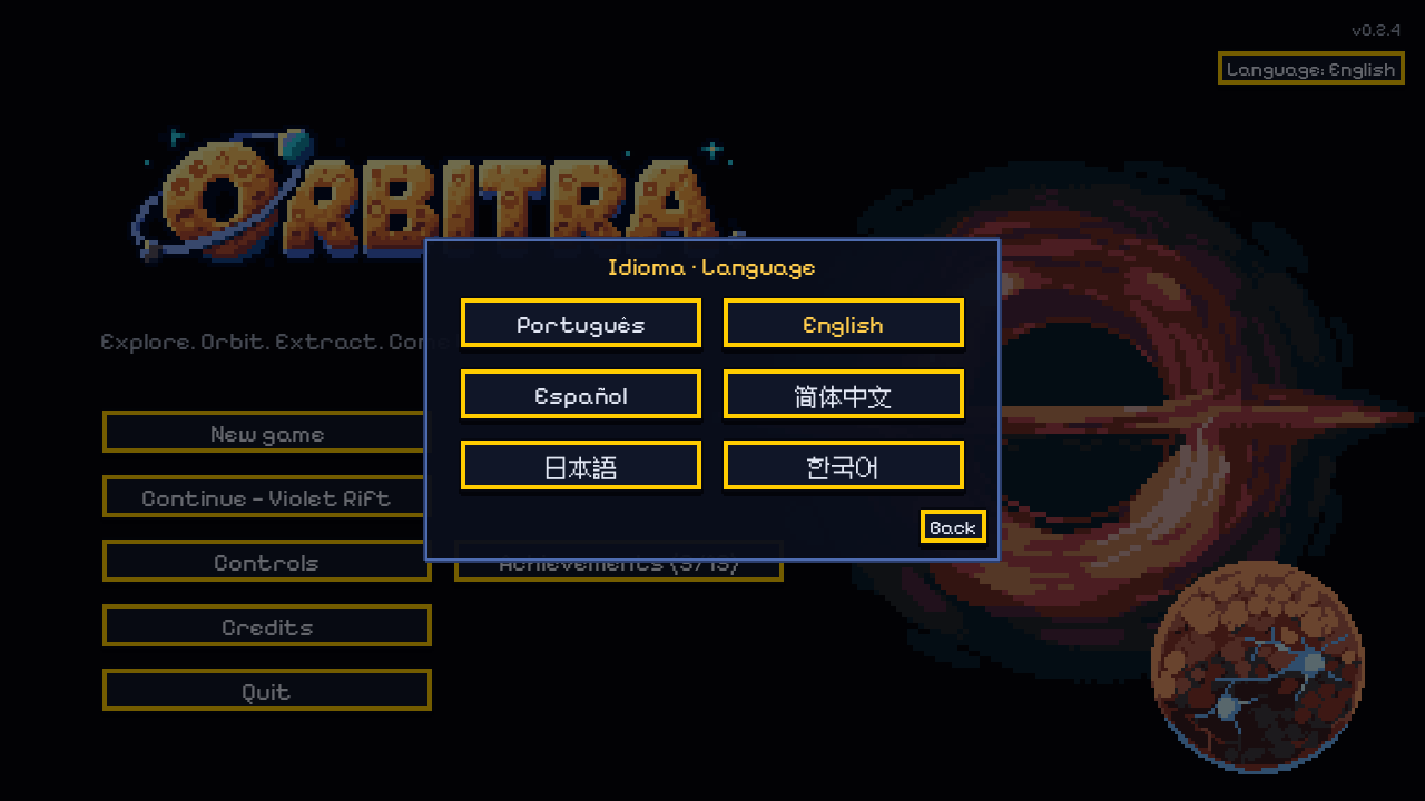 Menu de idiomas do Orbitra: português, inglês, espanhol, chinês simplificado, japonês e coreano